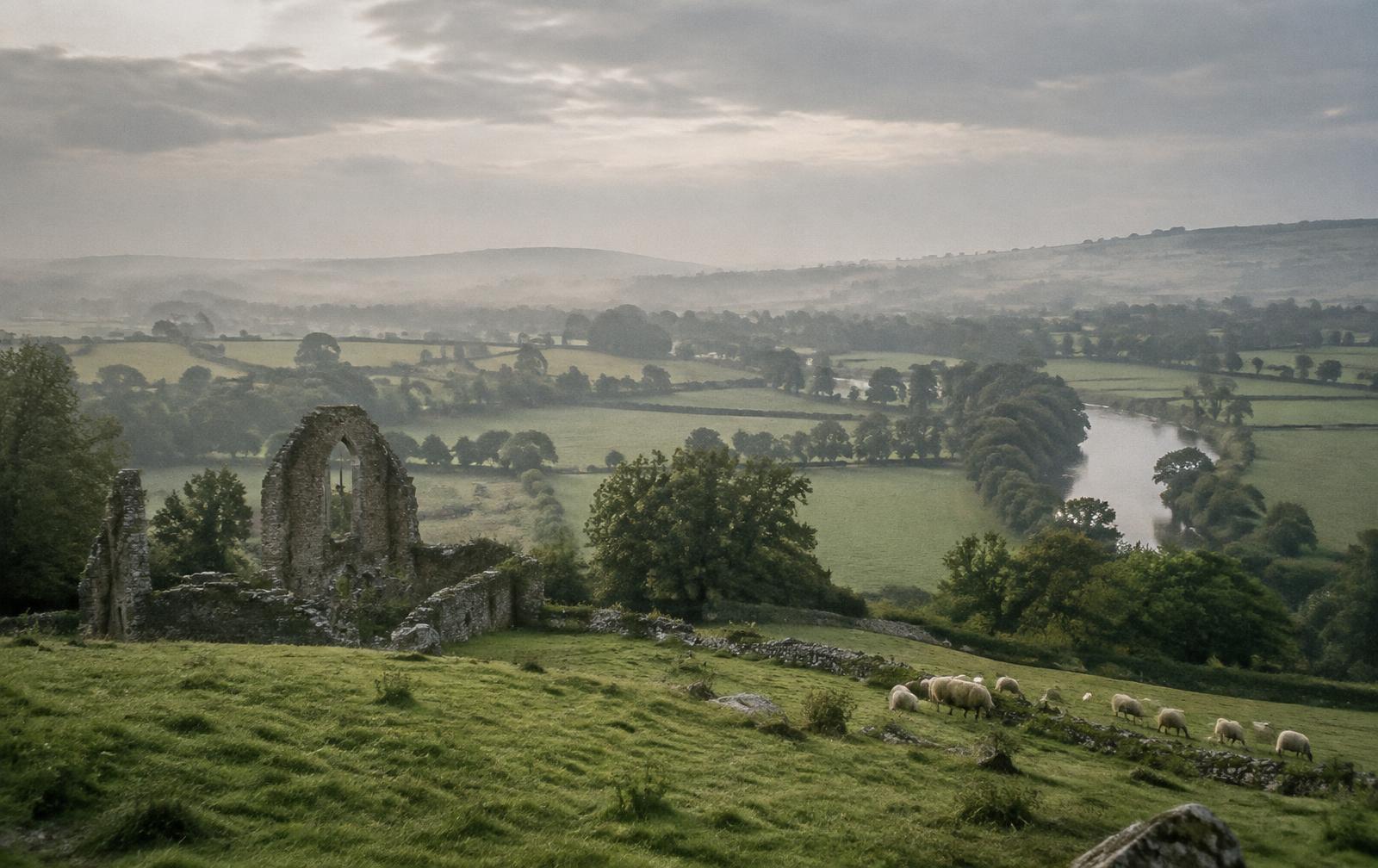 Ancient ruins overlooking the green fields of the Boyne Valley